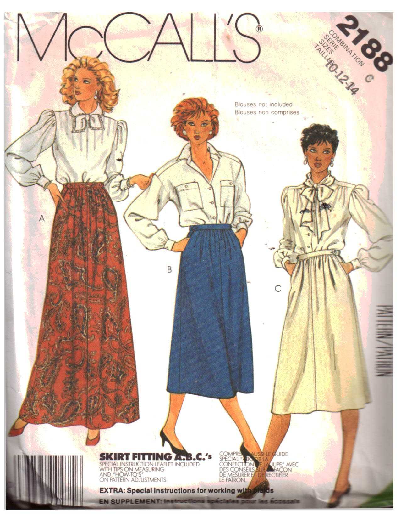 McCall's 2188 Skirt Size: 10-12-14 Used Sewing Pattern