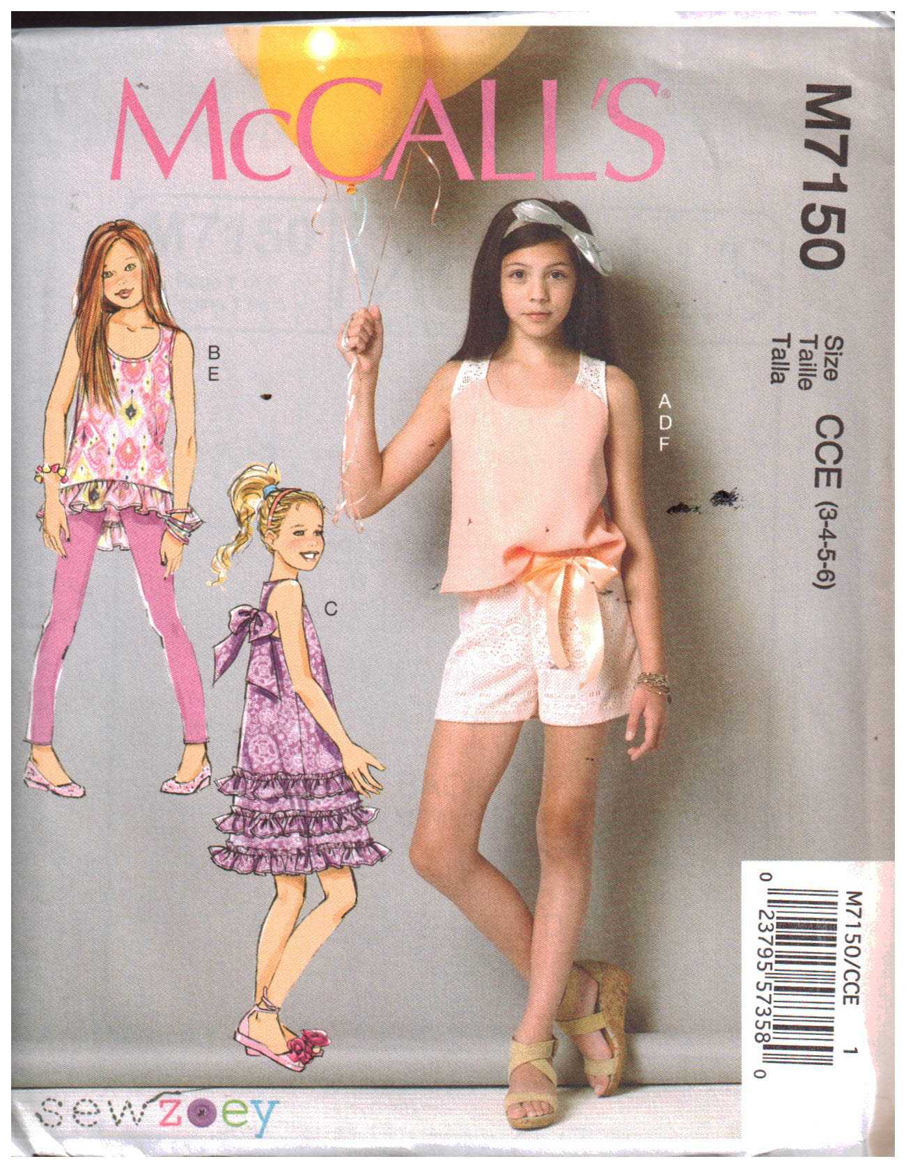 McCall's M7150 Girl's Top, Tunic, Dress, Shorts, Leggings, Headband Size:  CCE 3-4-5-6 or CCE 7-8-10-12-14 Uncut Sewing Pattern