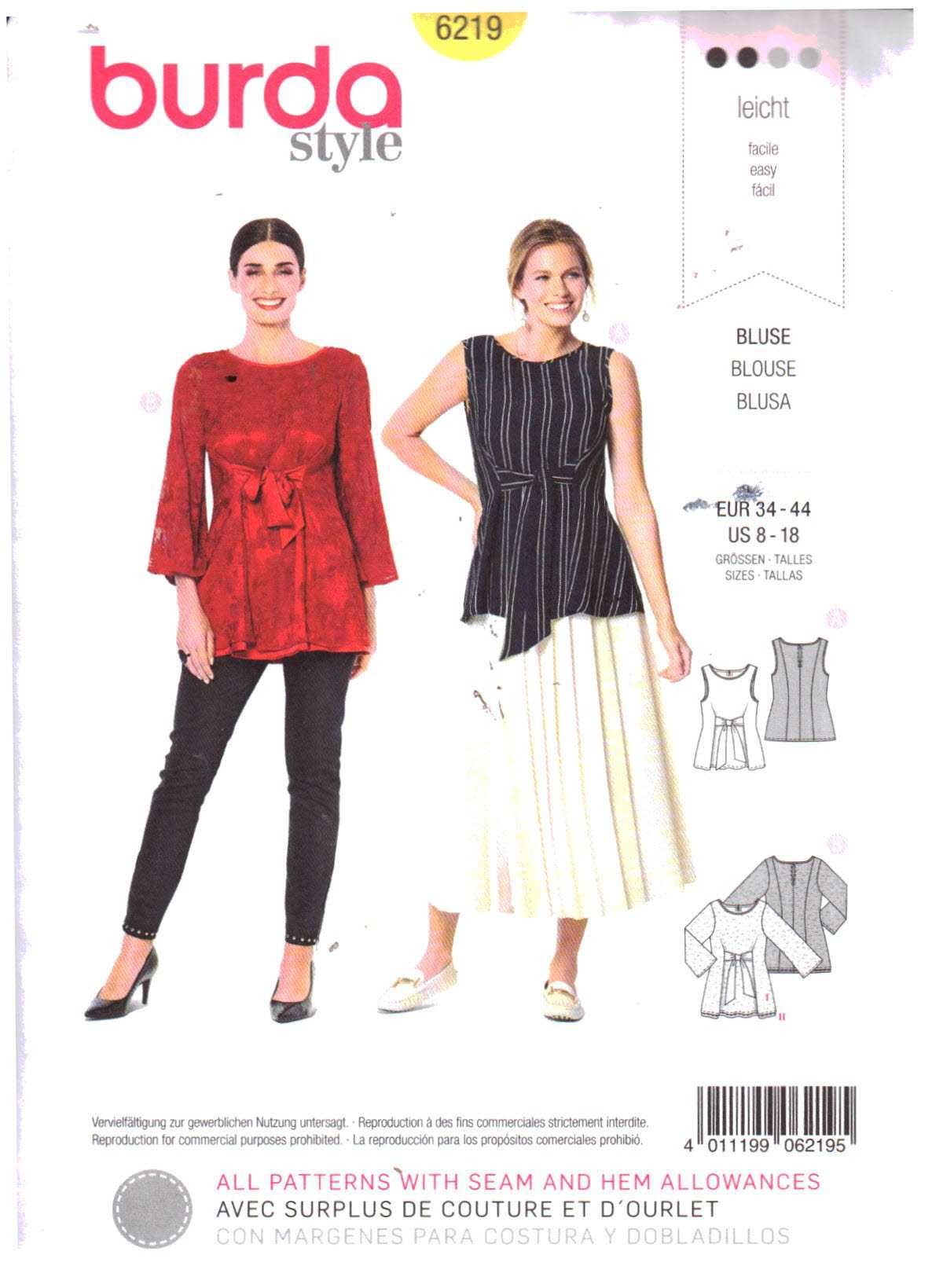 Burda 6219 Blouse Size: 8-18 Uncut Sewing Pattern
