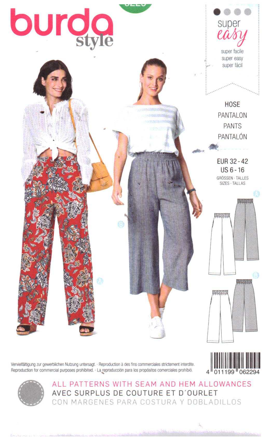 Burda 6229 Pants Size: 6-16 Uncut Sewing Pattern