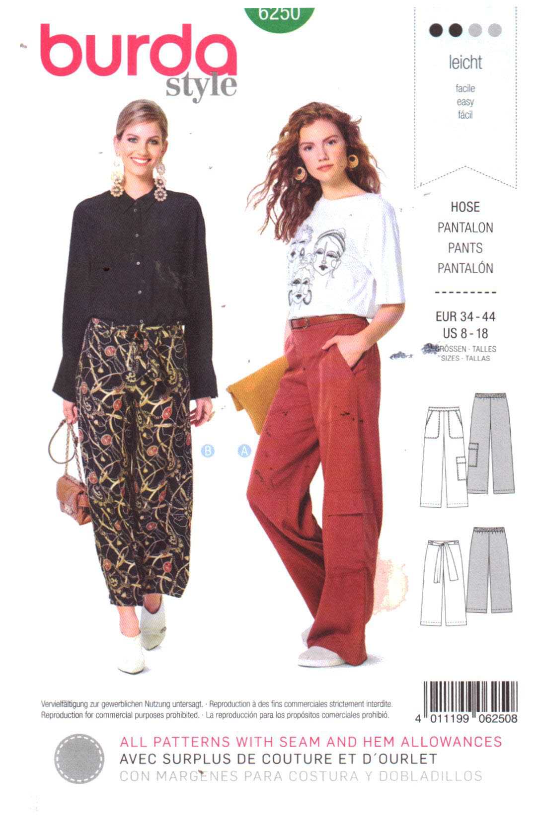 Burda 6250 Pants Size: 8-18 Uncut Sewing Pattern