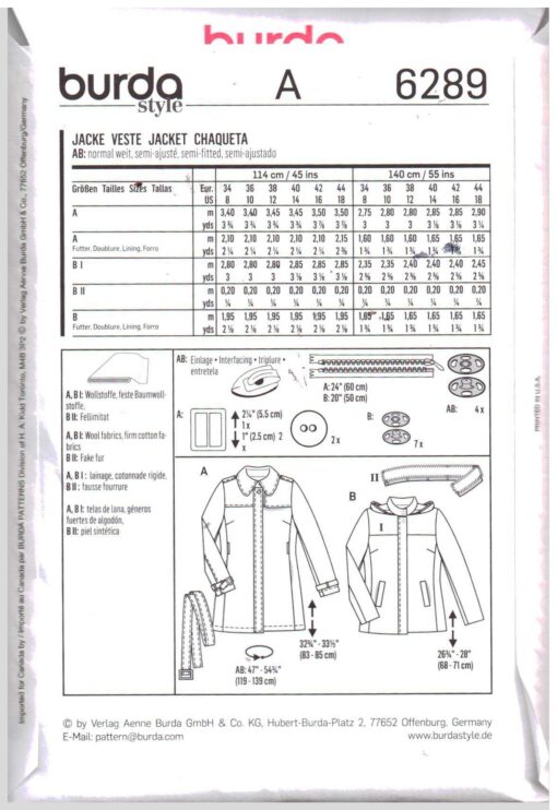 Burda 6289 Jacket Size: 8-18 Uncut Sewing Pattern