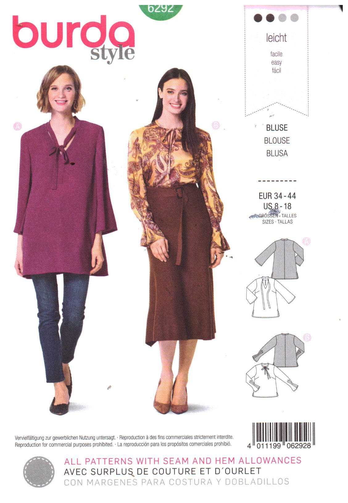 Burda 6292 Blouse Size: 8-18 Uncut Sewing Pattern