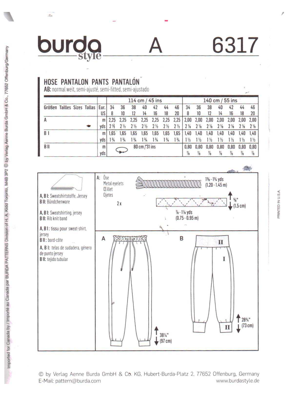Burda 6317 Pants, Jogging Pants Size: 8-20 Uncut Sewing Pattern