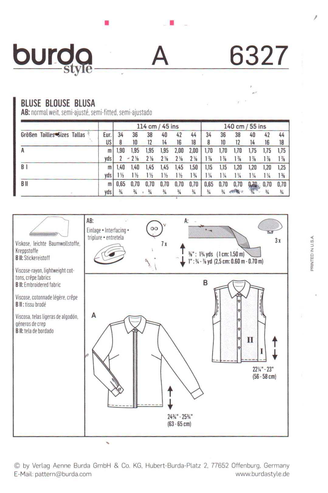 Burda 6327 Blouse Size: 8-18 Uncut Sewing Pattern