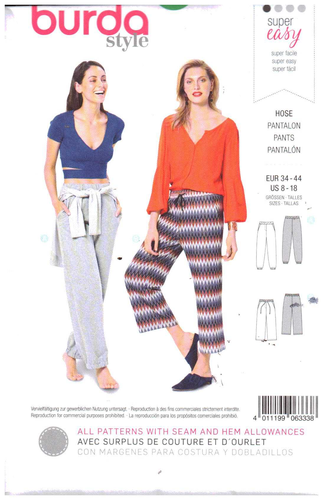 Burda 6333 Pants in two lengths Size: 8-18 Uncut Sewing Pattern