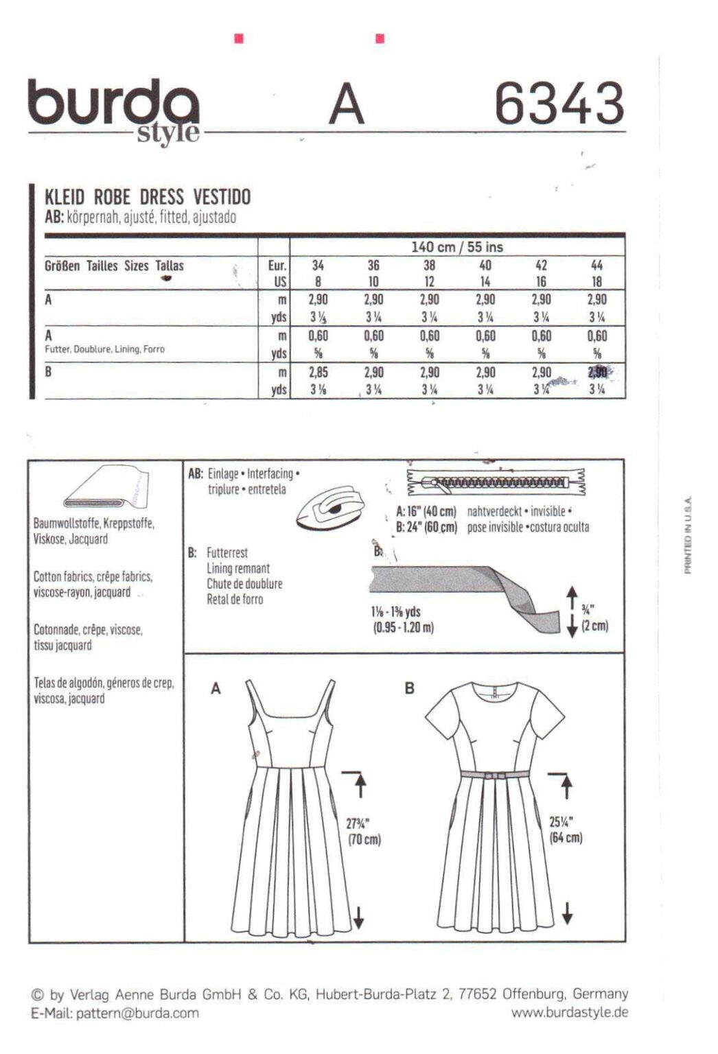 Burda 6343 Dress Size 818 Uncut Sewing Pattern