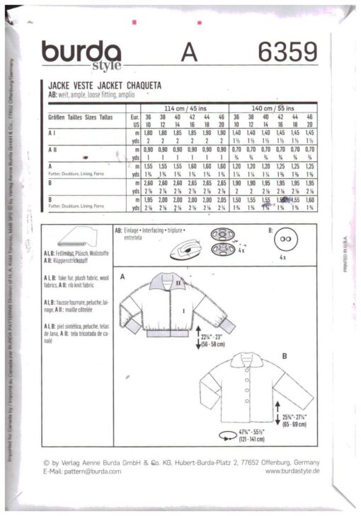 Burda 6359 Jacket Size: 10-20 Uncut Sewing Pattern