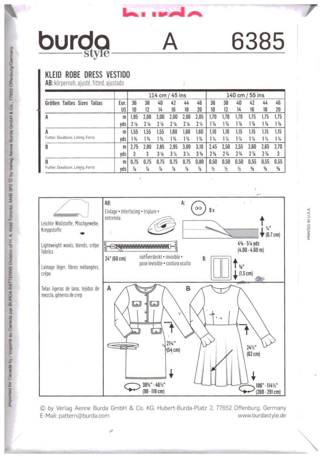 Burda 6385 Dress Size 1020 Uncut Sewing Pattern