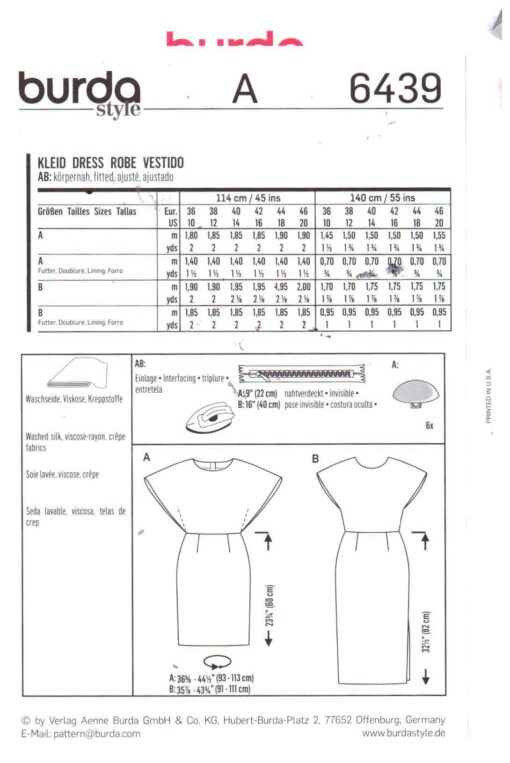 Burda 6439 Dress Size: 10-20 Uncut Sewing Pattern