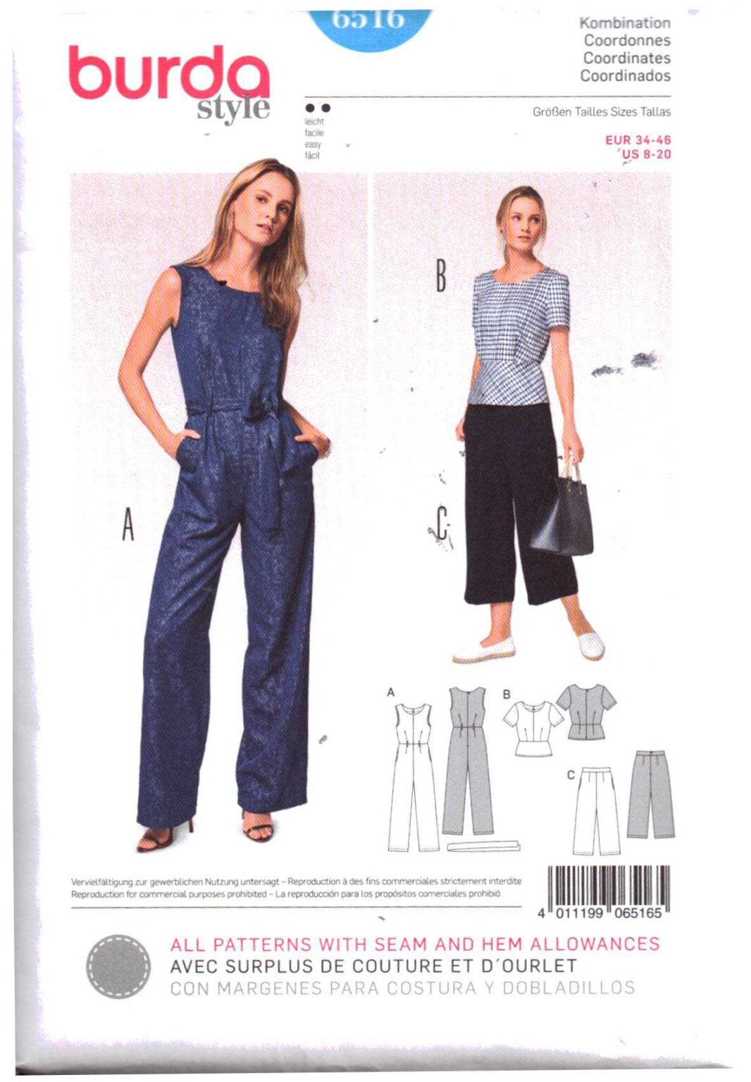 Burda 6516 Jumpsuit, Pants, Tops size: 8-20 Uncut Sewing Pattern