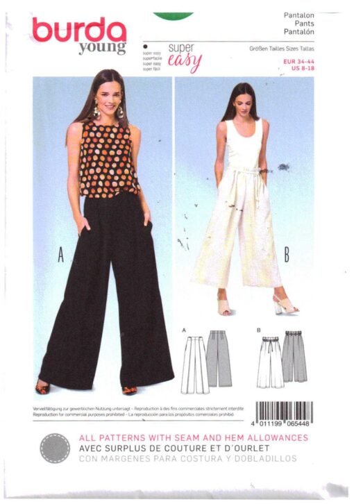 Burda 6544 Pants, Wide Pants Size: 8-18 Uncut Sewing Pattern