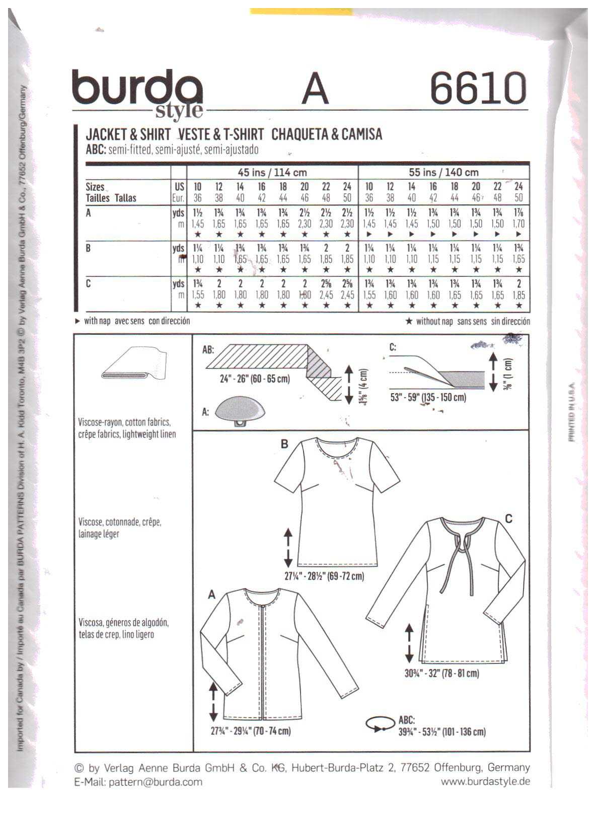 Burda 6610 Jacket, T-Shirt Size: 10-24 Uncut Sewing Pattern
