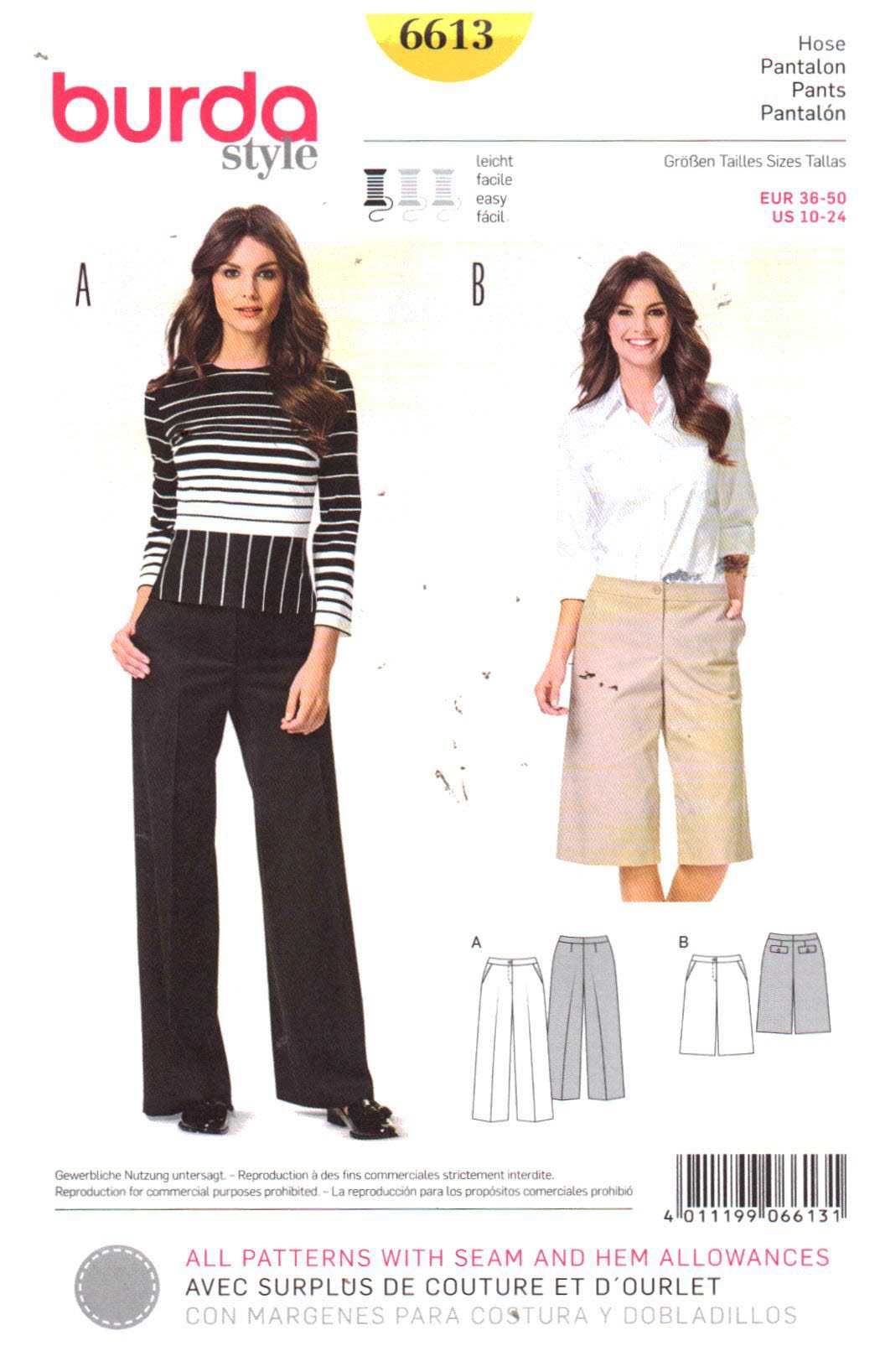 Burda 6613 Pants, Shorts Size: 10-24 Uncut Sewing Pattern