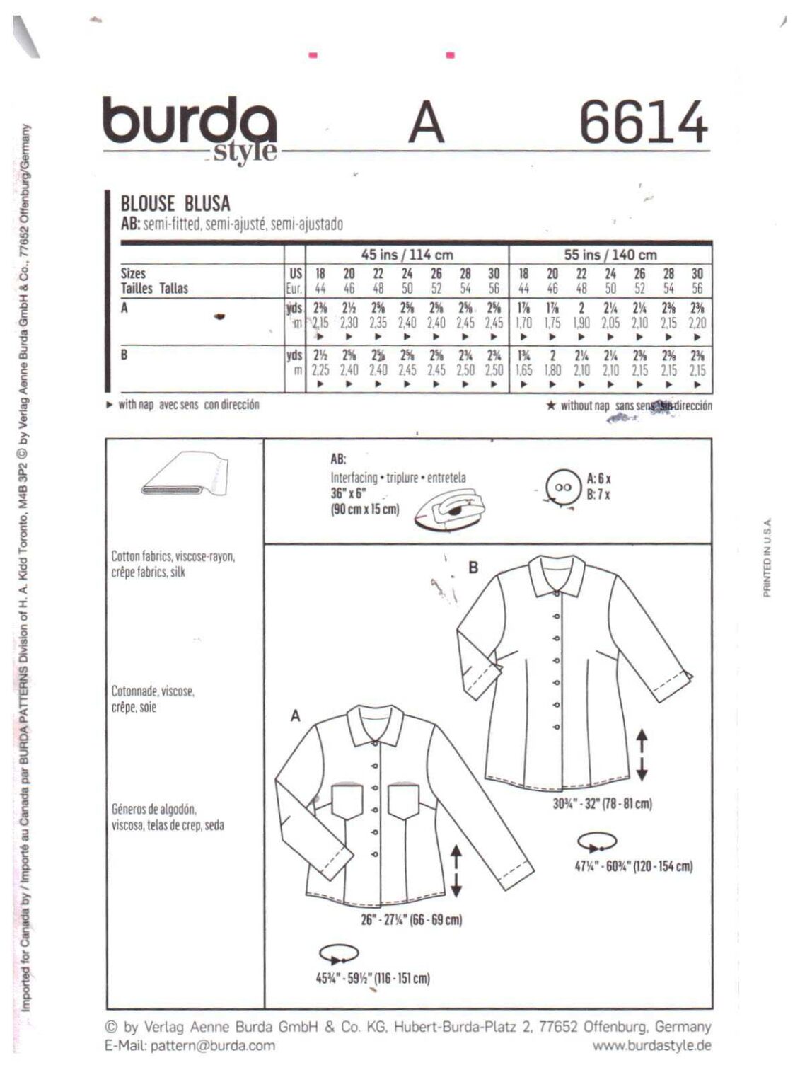 Burda 6614 Blouse Size: 18-30 Uncut Sewing Pattern