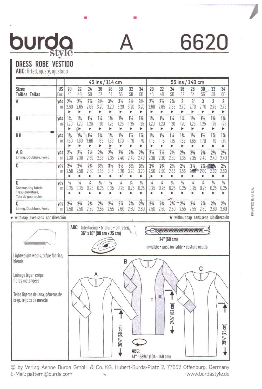 Burda 6620 Dress Size: 20-34 Uncut Sewing Pattern