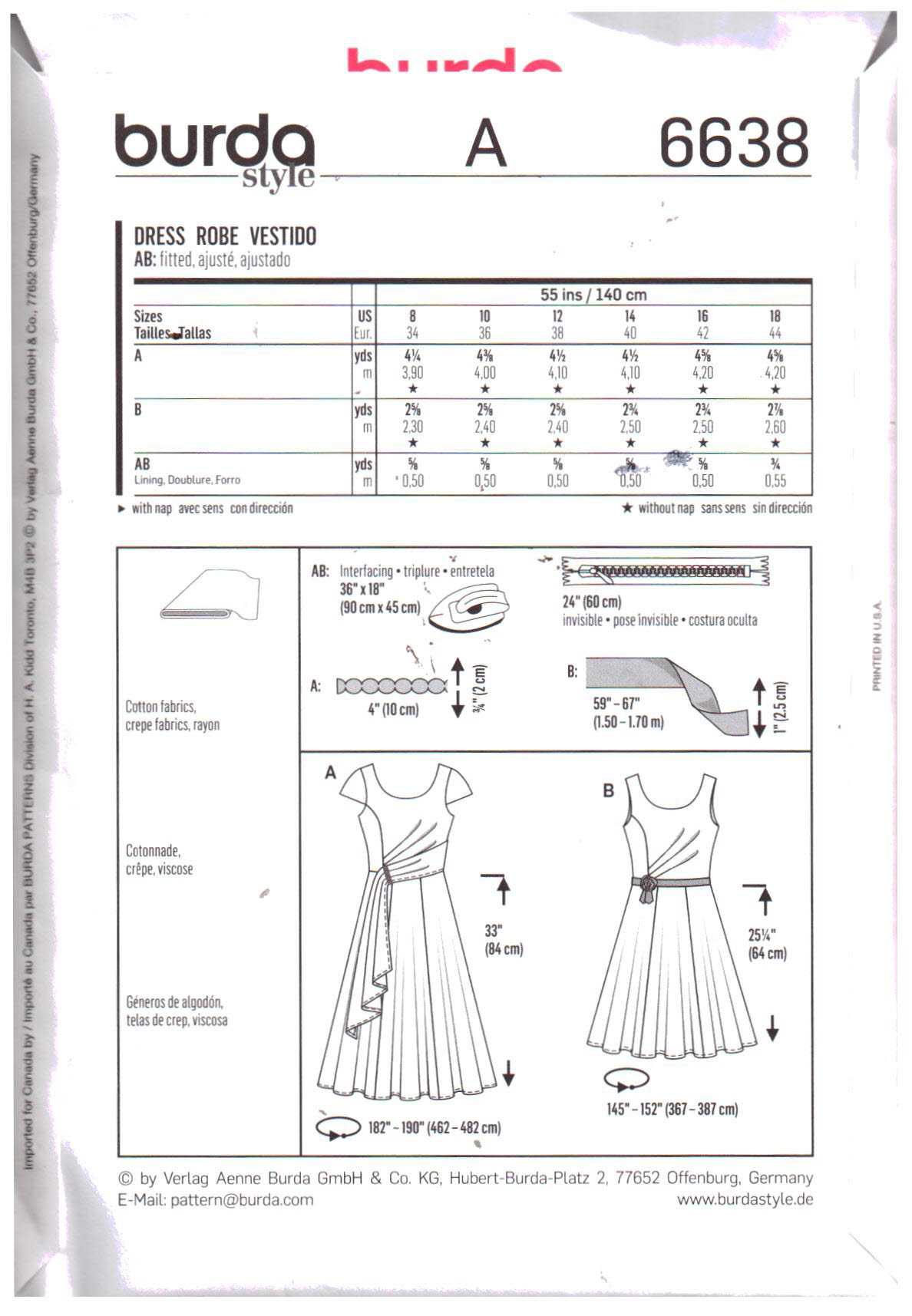 Burda 6638 Dress Size: 8-18 Uncut Sewing Pattern