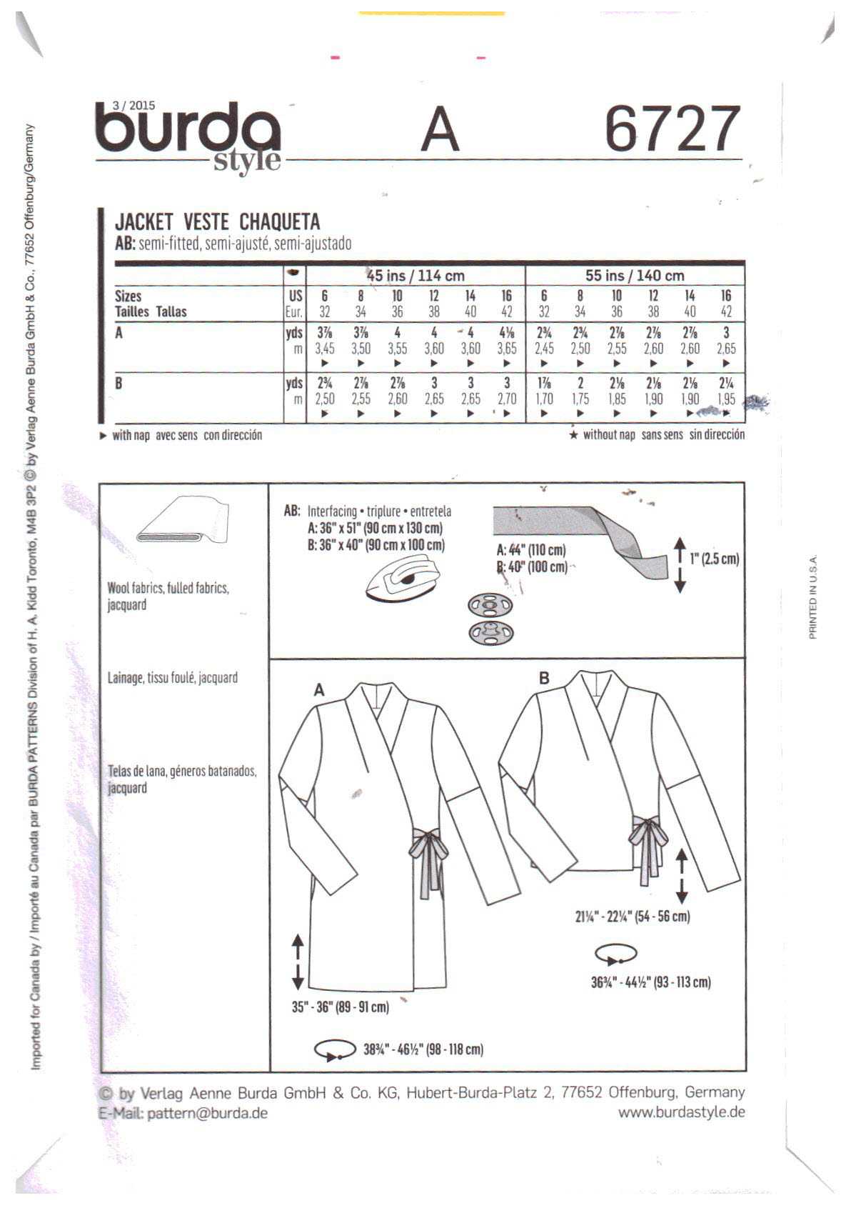 Burda 6727 Jacket Size: 6-16 Uncut Sewing Pattern