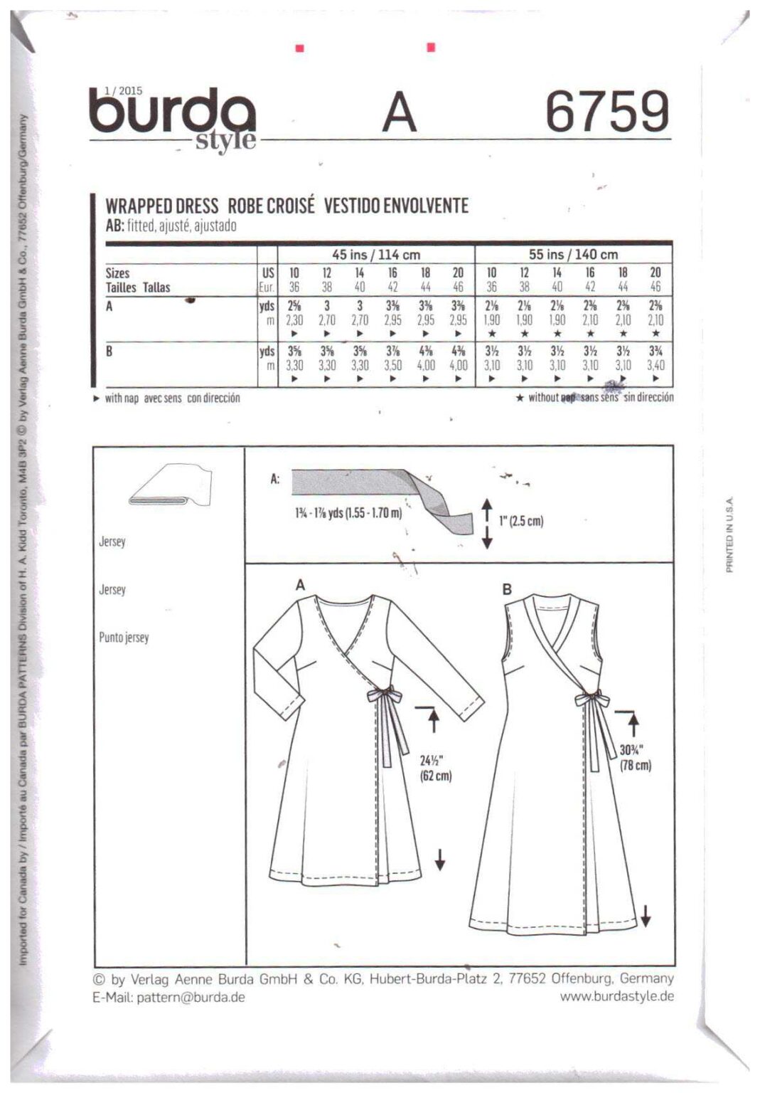 Burda 6759 Dress Size 1020 Uncut Sewing Pattern
