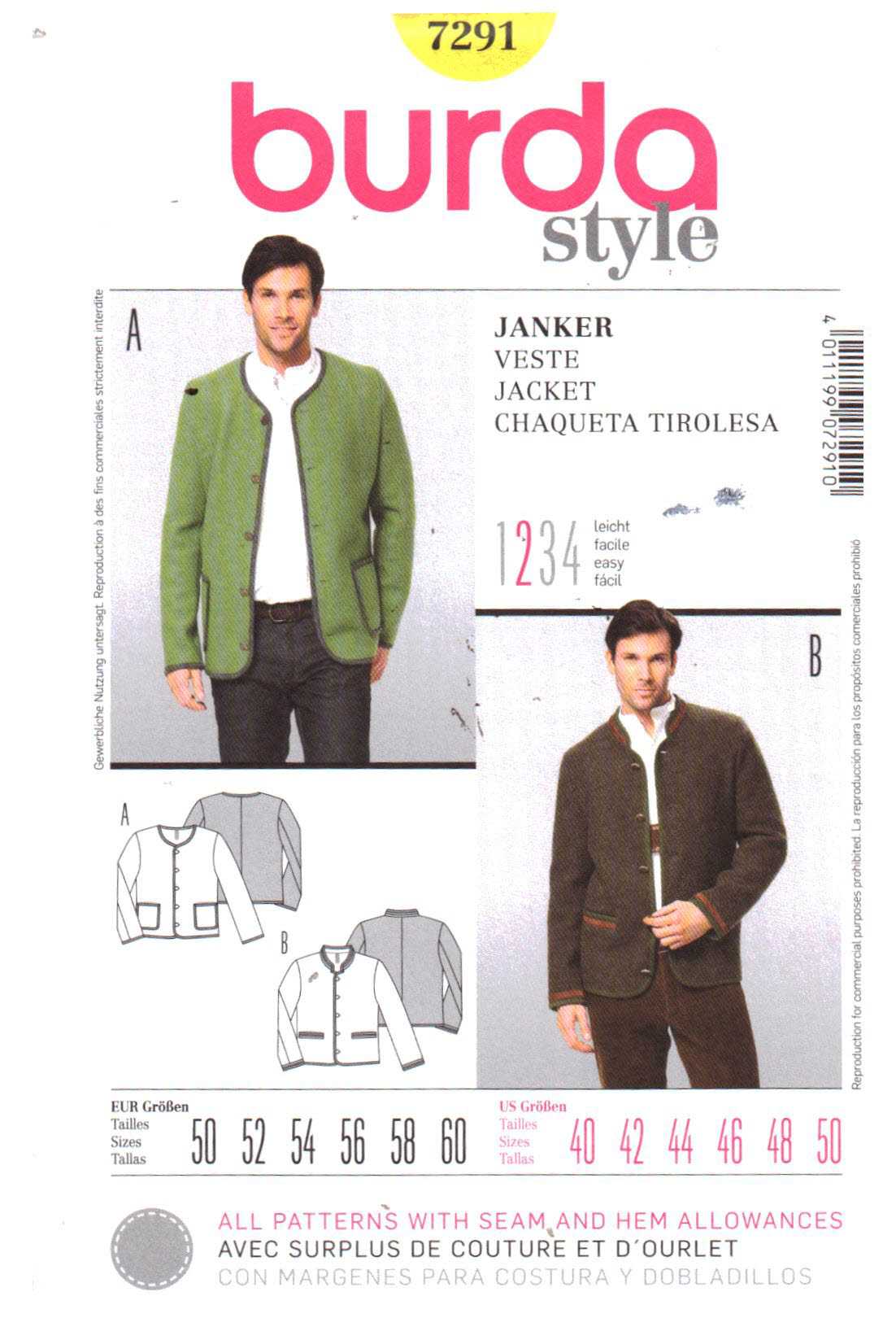 Burda 7291 Men's Jacket Size: 40-50 Uncut Sewing Pattern