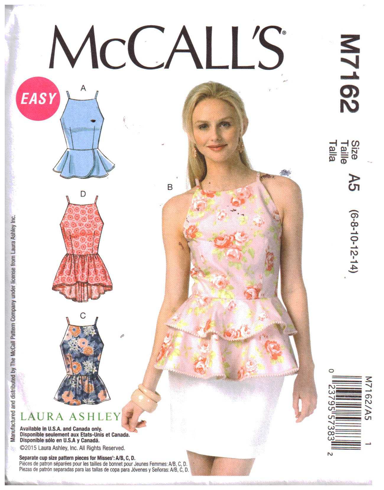 McCall's M7162 Tops Size: A5 6-8-10-12-14 Uncut Sewing Pattern