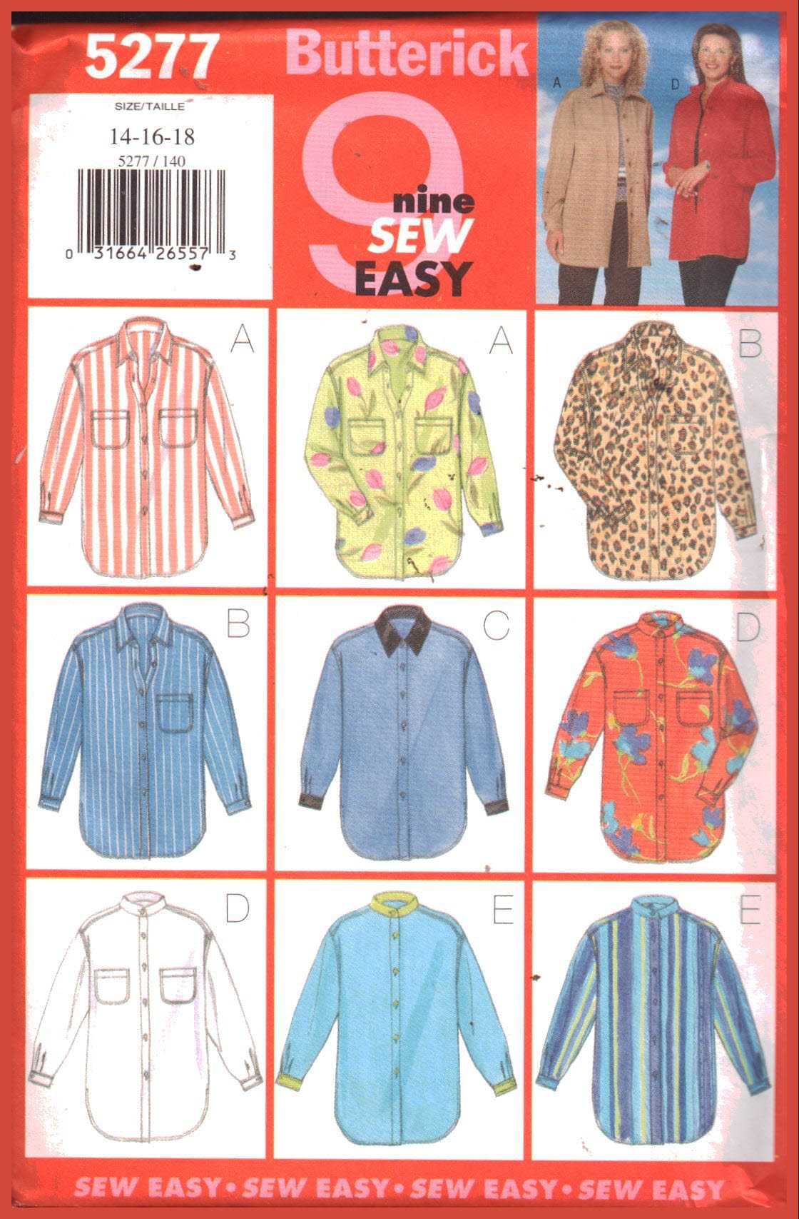 Butterick 5277 Shirts Size: 14-16-18 Uncut Sewing Pattern