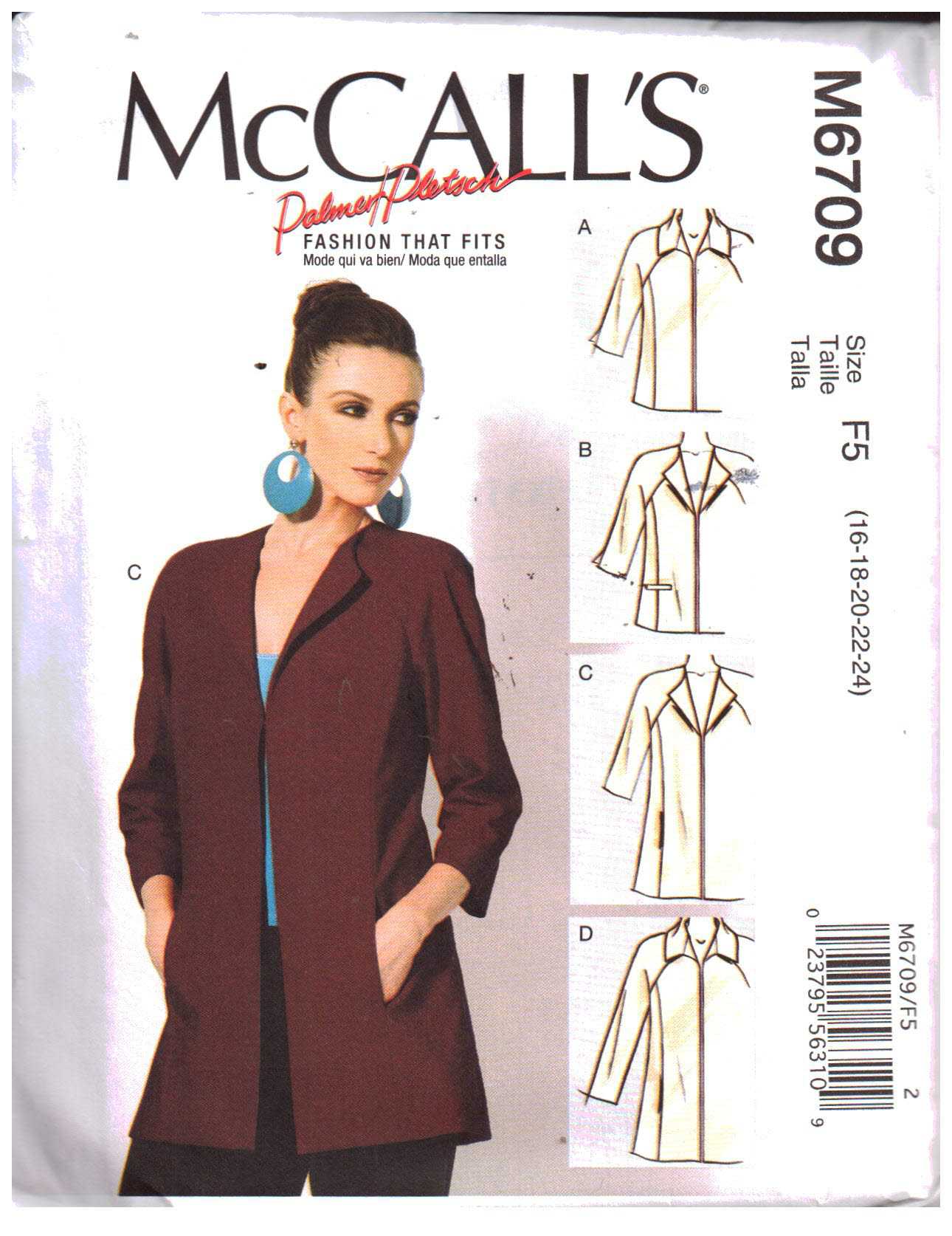 McCall's M6709 Jackets Size: F5 16-18-20-22-24 Uncut Sewing Pattern