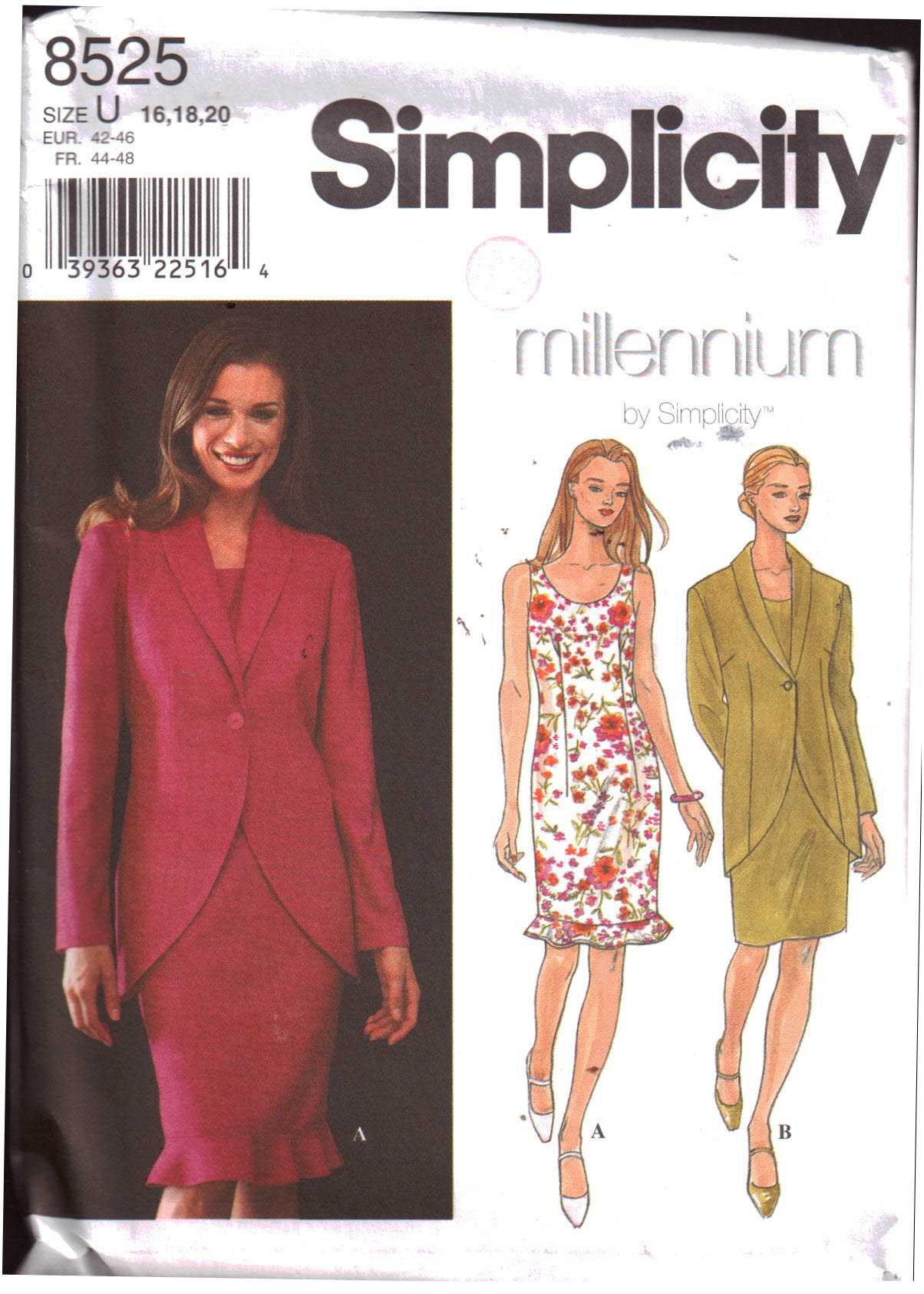 Simplicity 8525 Dress, Jacket Size: U 16-18-20 Uncut Sewing Pattern