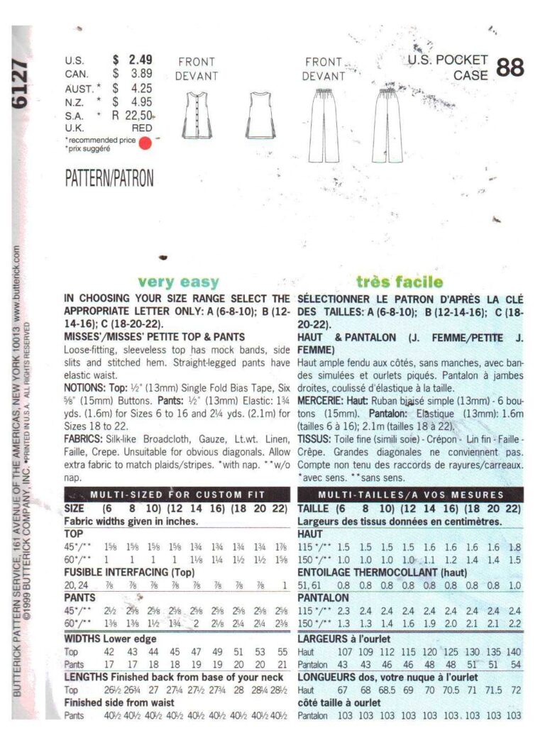 Butterick 6127 Pants, Top Size: B 12-14-16 Uncut Sewing Pattern