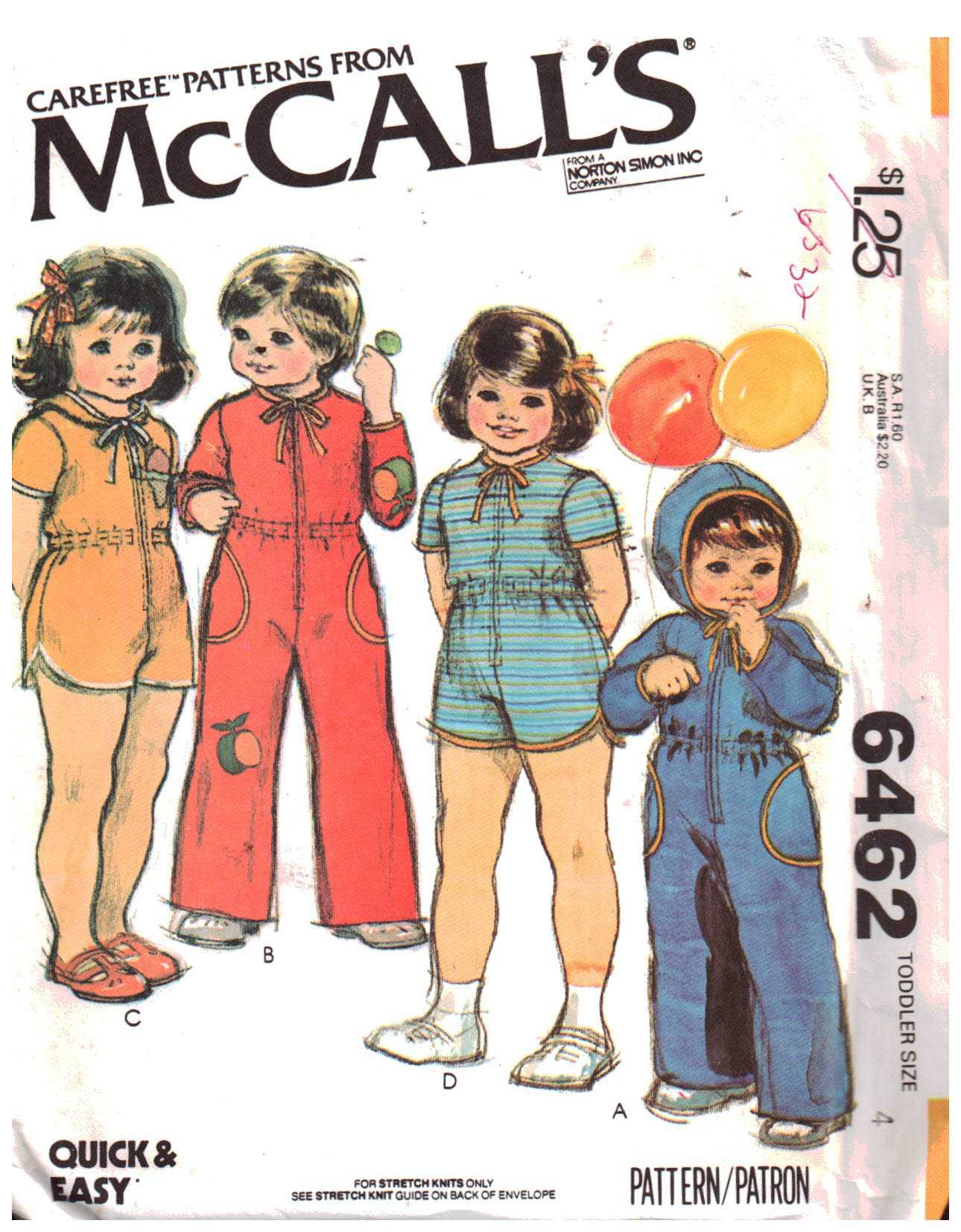 McCall's 6462 Toddler's Jumpsuits - for stretch knit Size: 4 Uncut ...
