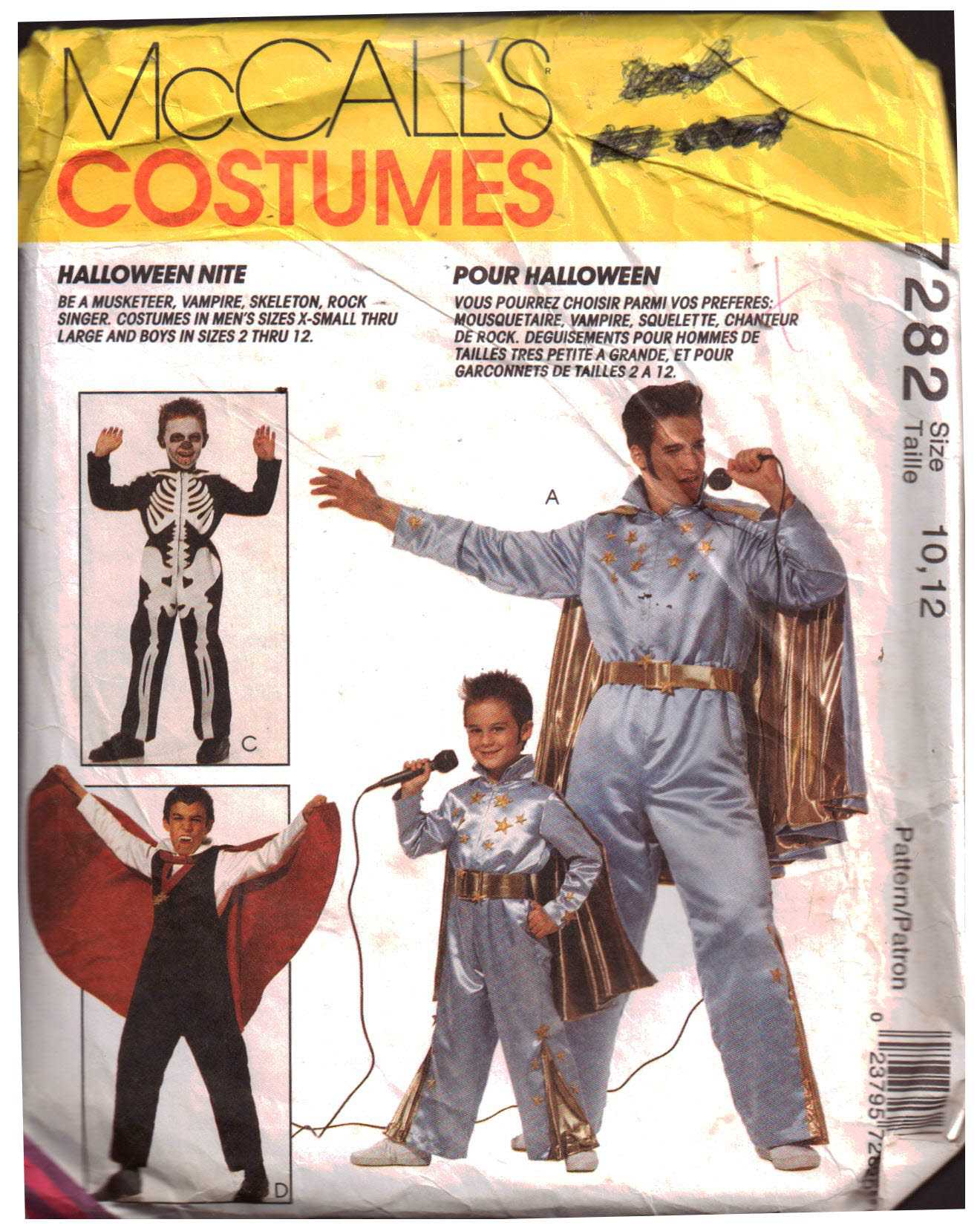 McCall's 7282 Childs Halloween Costume - Musketeer, Vampire, Skeleton, Rock Singer Size: 10-12 Used Sewing Pattern