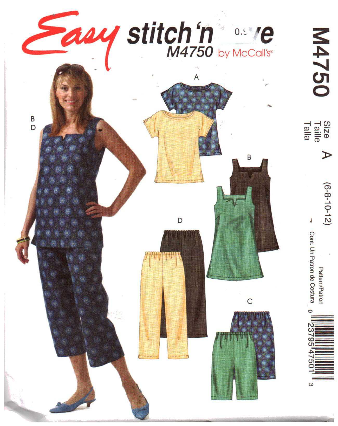 McCall's M4750 Top, Tunic, Shorts, Capri Pants Size: A 6-8-10-12 or
