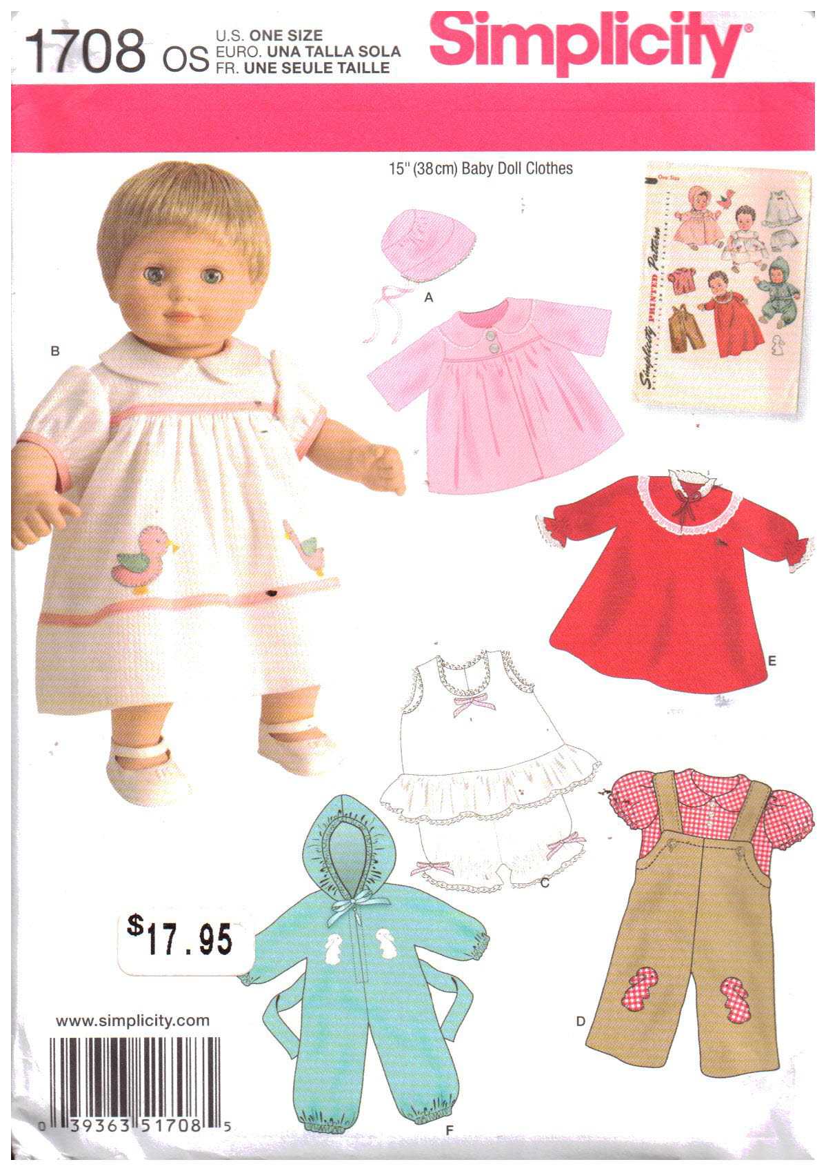 Simplicity 1708 Doll Clothes Size: 15