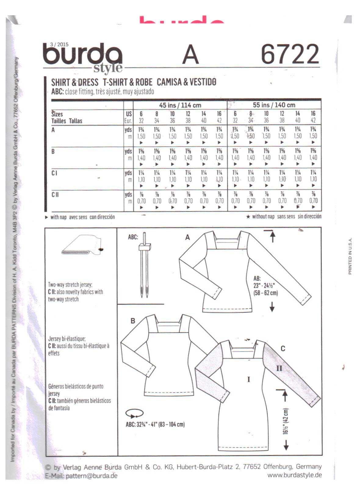 Burda 6722 Dress, Top Size: 6-16 Used Sewing Pattern