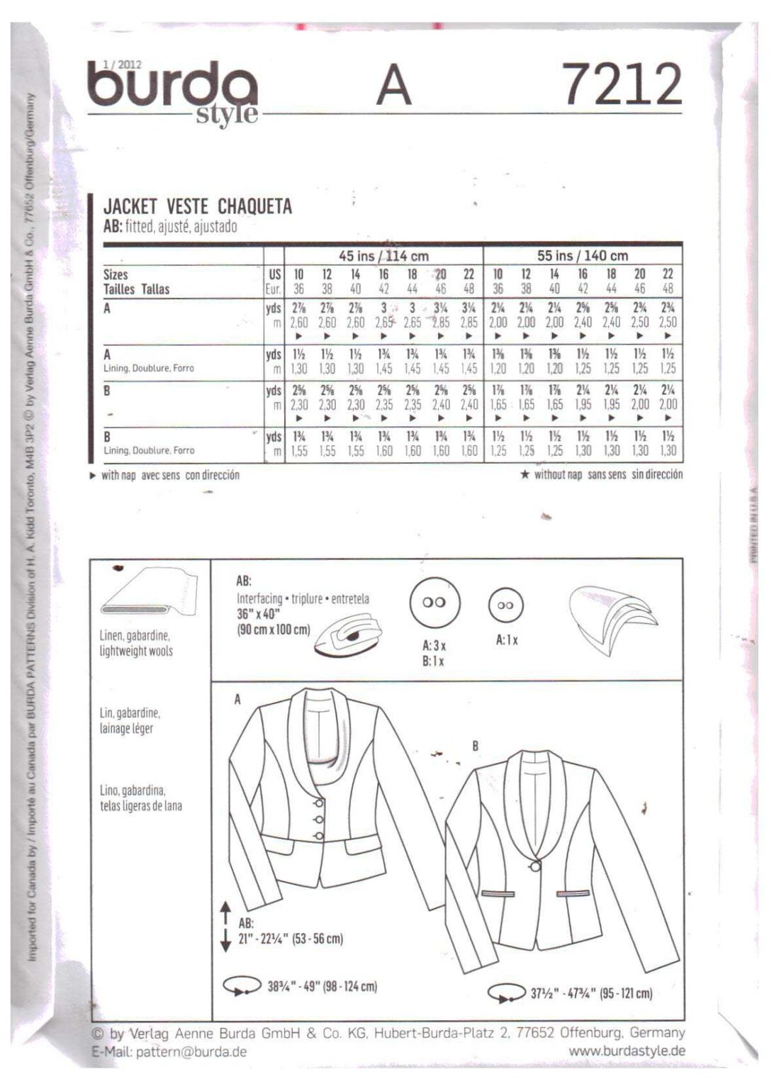 Burda 7212 Jacket Size 1022 Uncut Sewing Pattern