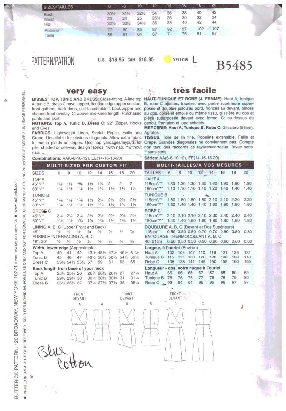 Butterick B5485 Top Tunic Dress Sewing Pattern Size EE 14,16,18,20 UNCUT
