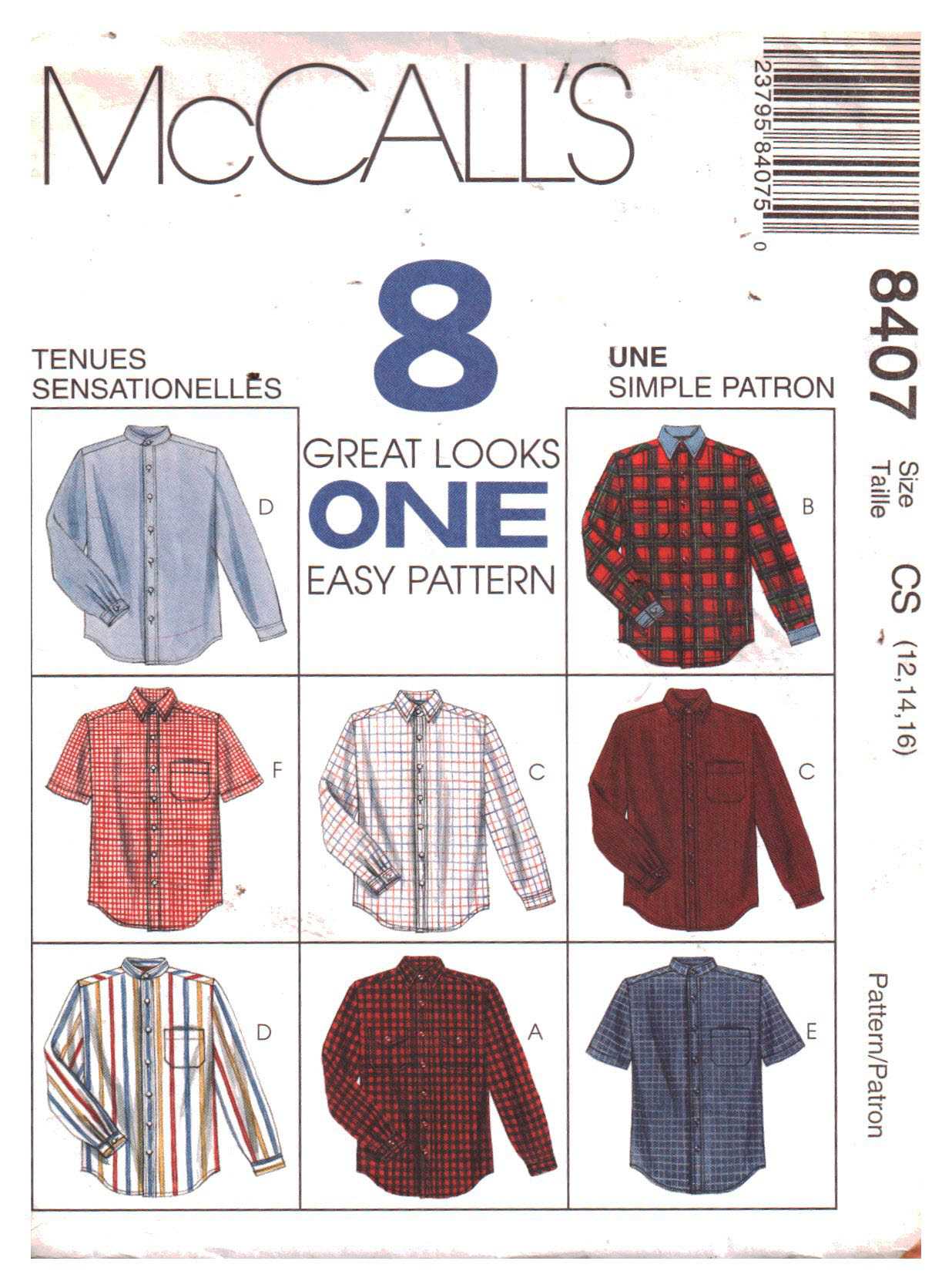McCall's 8407 Boys' Shirts Size: CS 12-14-16 Used Sewing Pattern