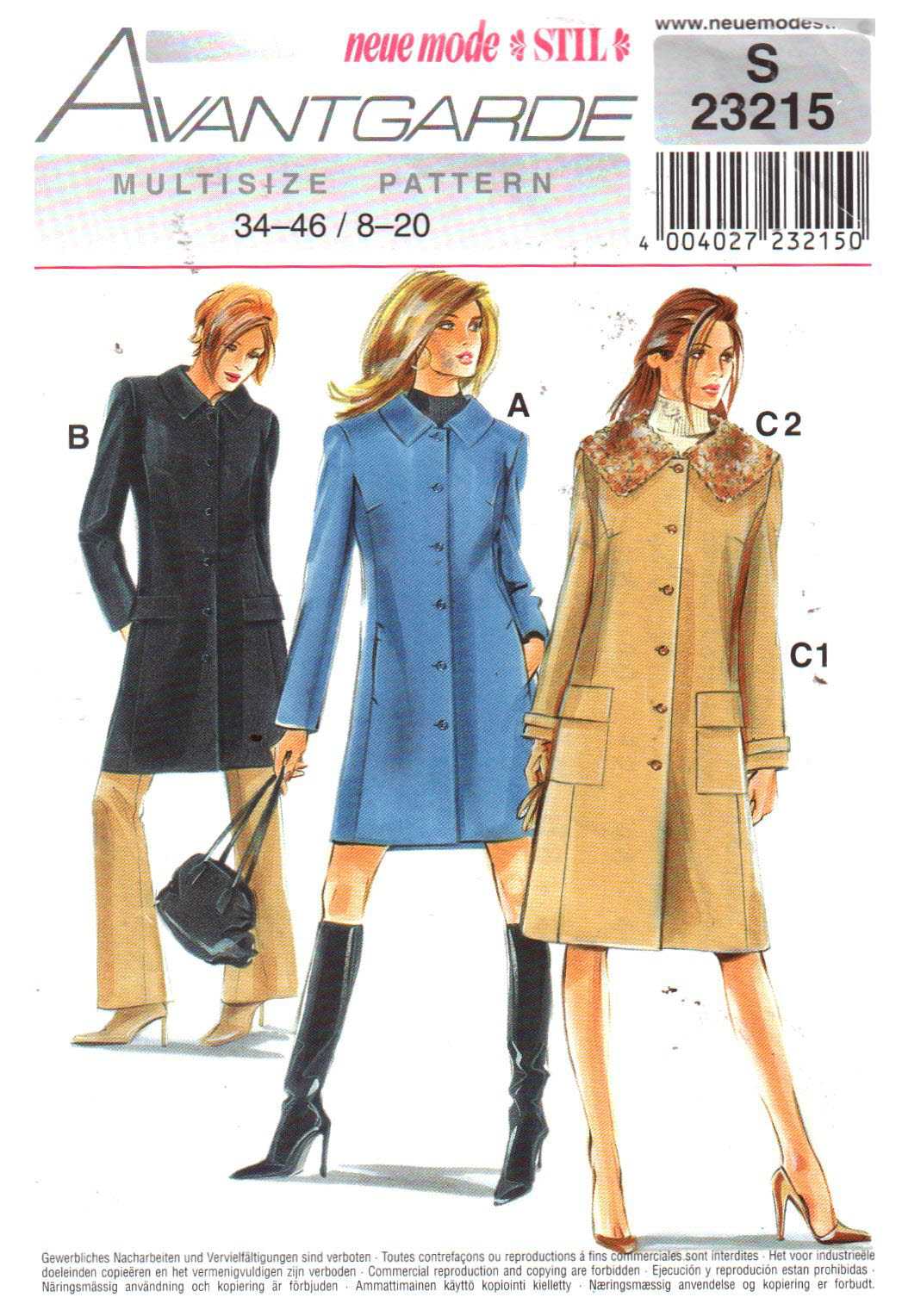 Neue Mode S23215 Coats Size: 8-20 Uncut Sewing Pattern