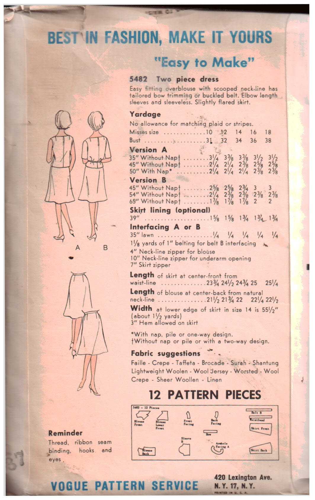 Vogue 5482 Two piece Dress Size: 16 Used Sewing Pattern