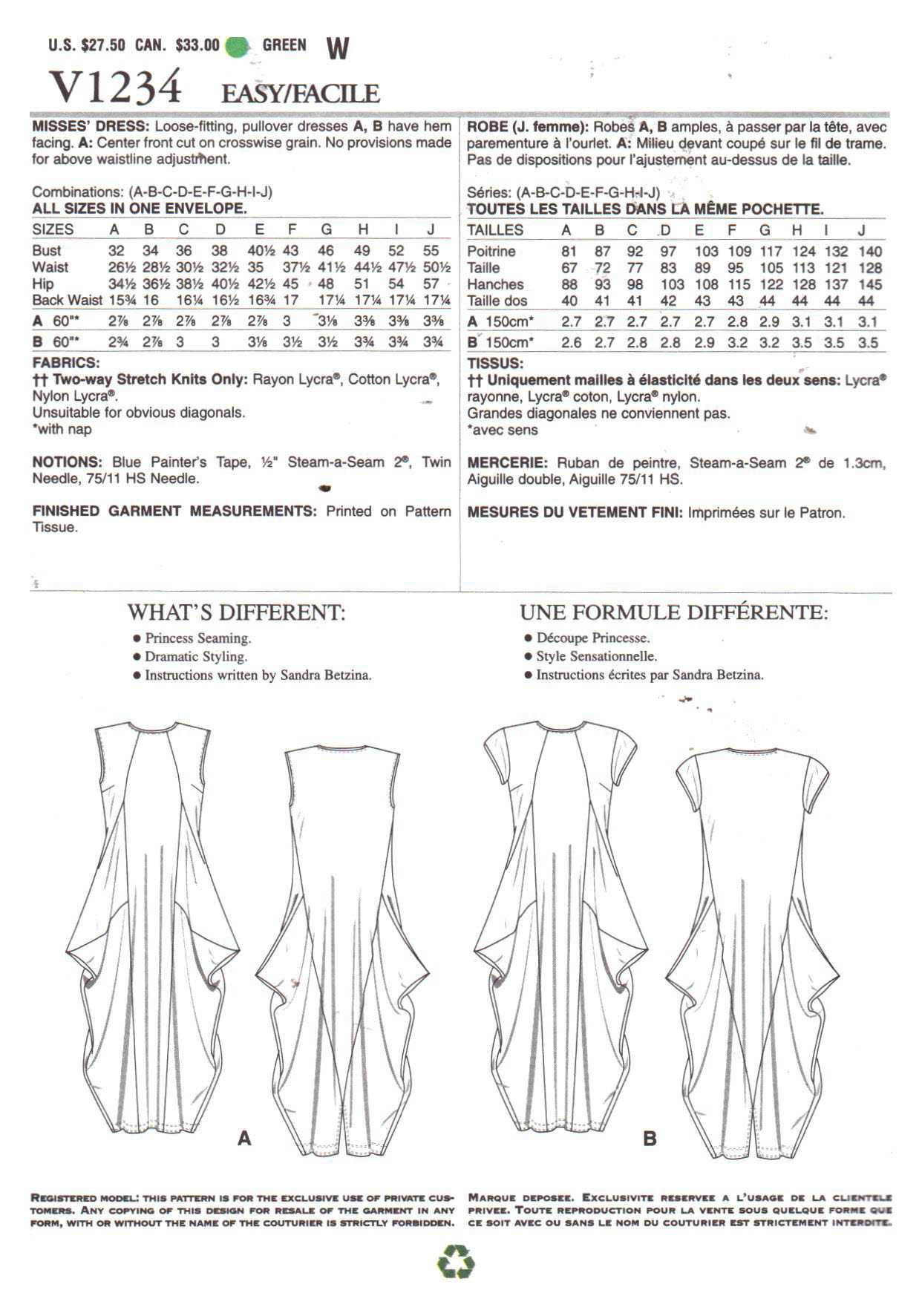 Vogue 8696 Sewing Pattern Misses' Dress w/ Draped Bodice 1930s Size 18