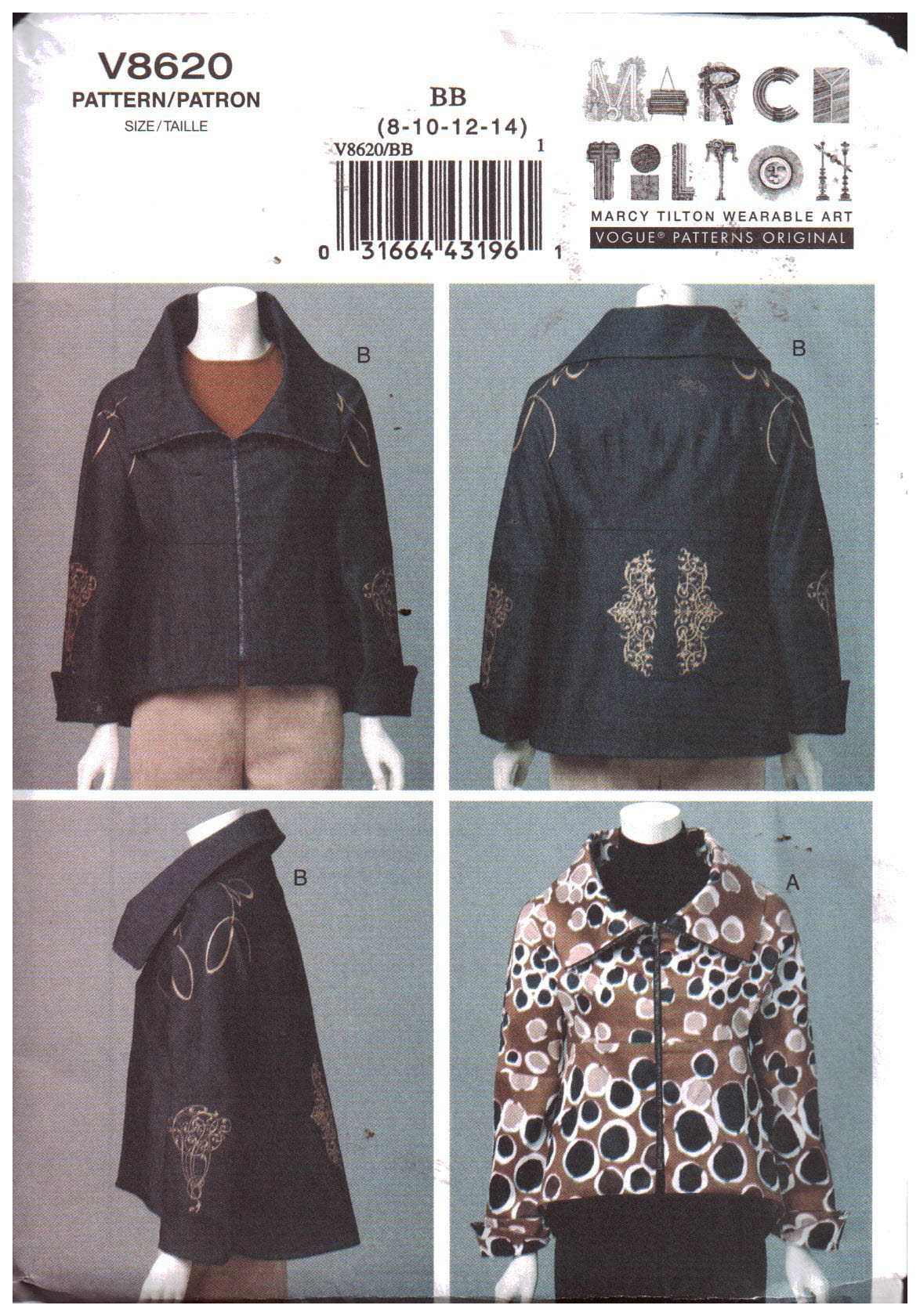 Vogue V8620 Jacket by March Tilton Size: BB 8-10-12-14 Uncut Sewing Pattern