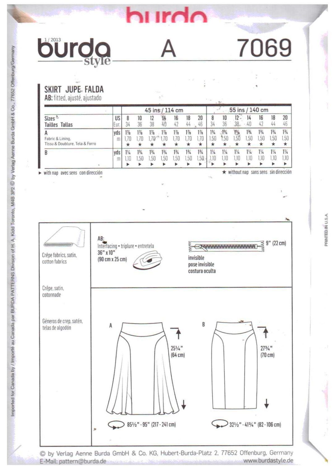 Burda 7069 Skirts Size 8101214161820 Uncut Sewing Pattern