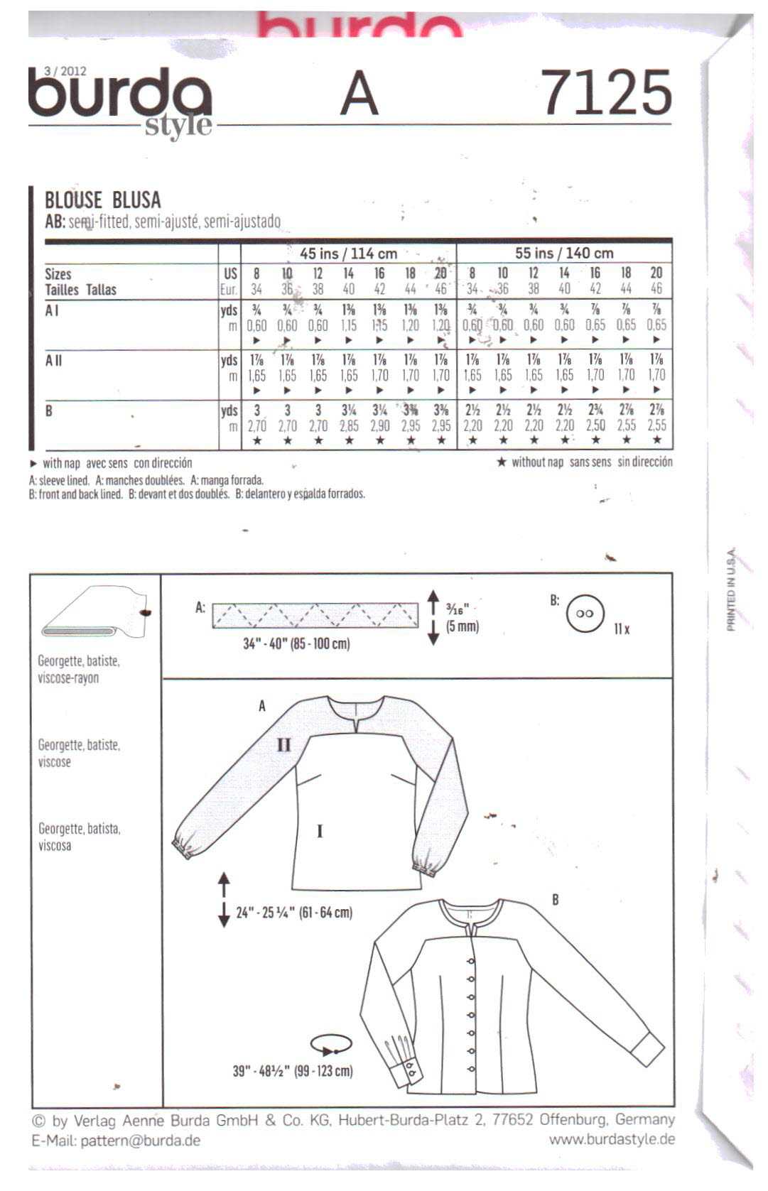 Burda 7125 Blouse Size: 8-20 Uncut Sewing Pattern
