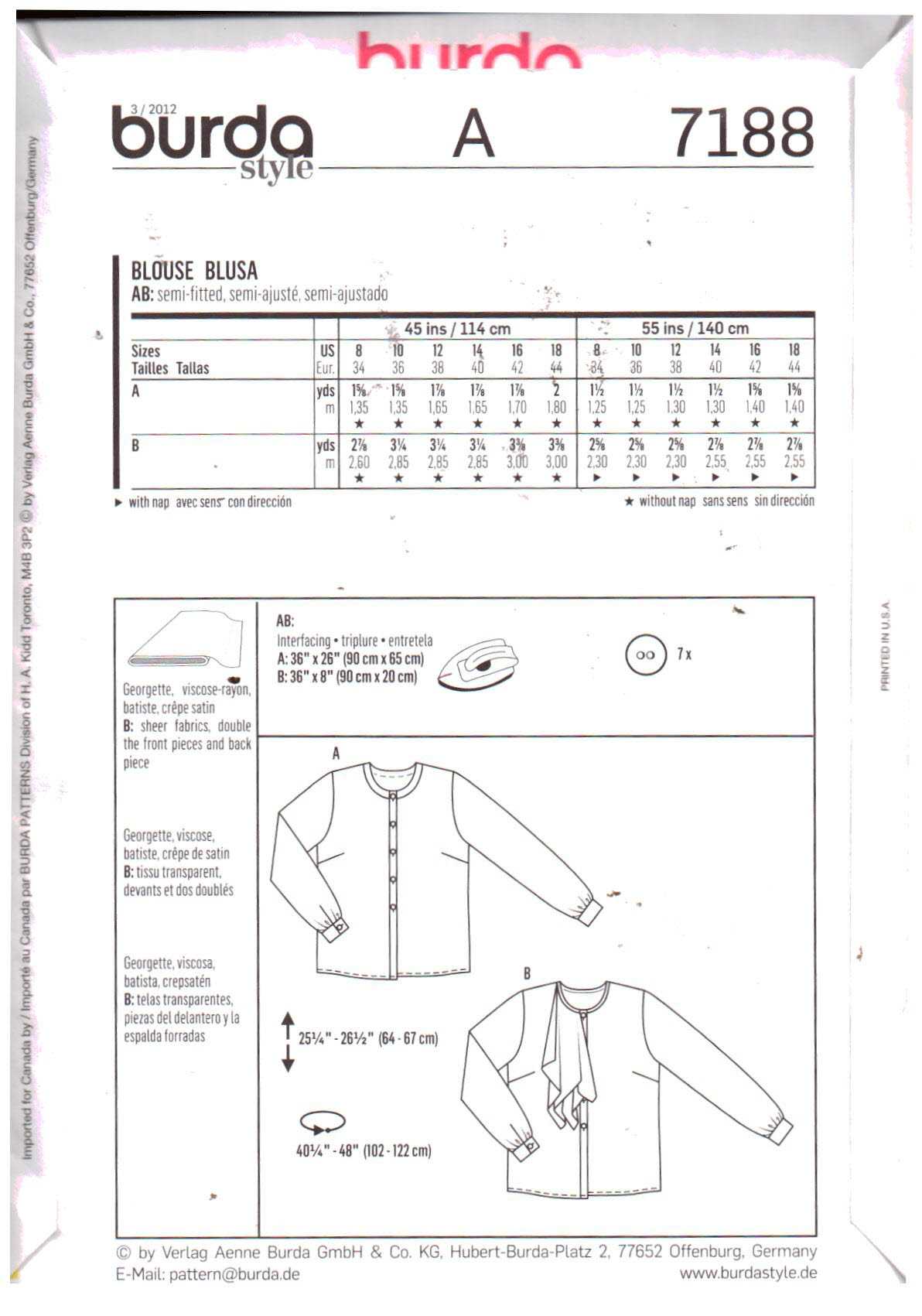 Burda 7188 Blouse Size: 8-18 Uncut Sewing Pattern