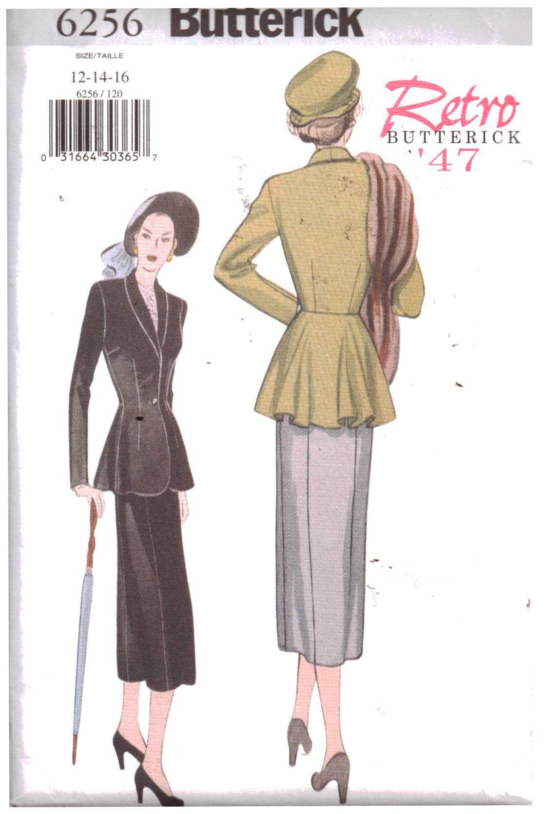 Butterick 6256 Suit - Jacket, Skirt Retro 1947 Size: 12-16 Uncut Sewing ...