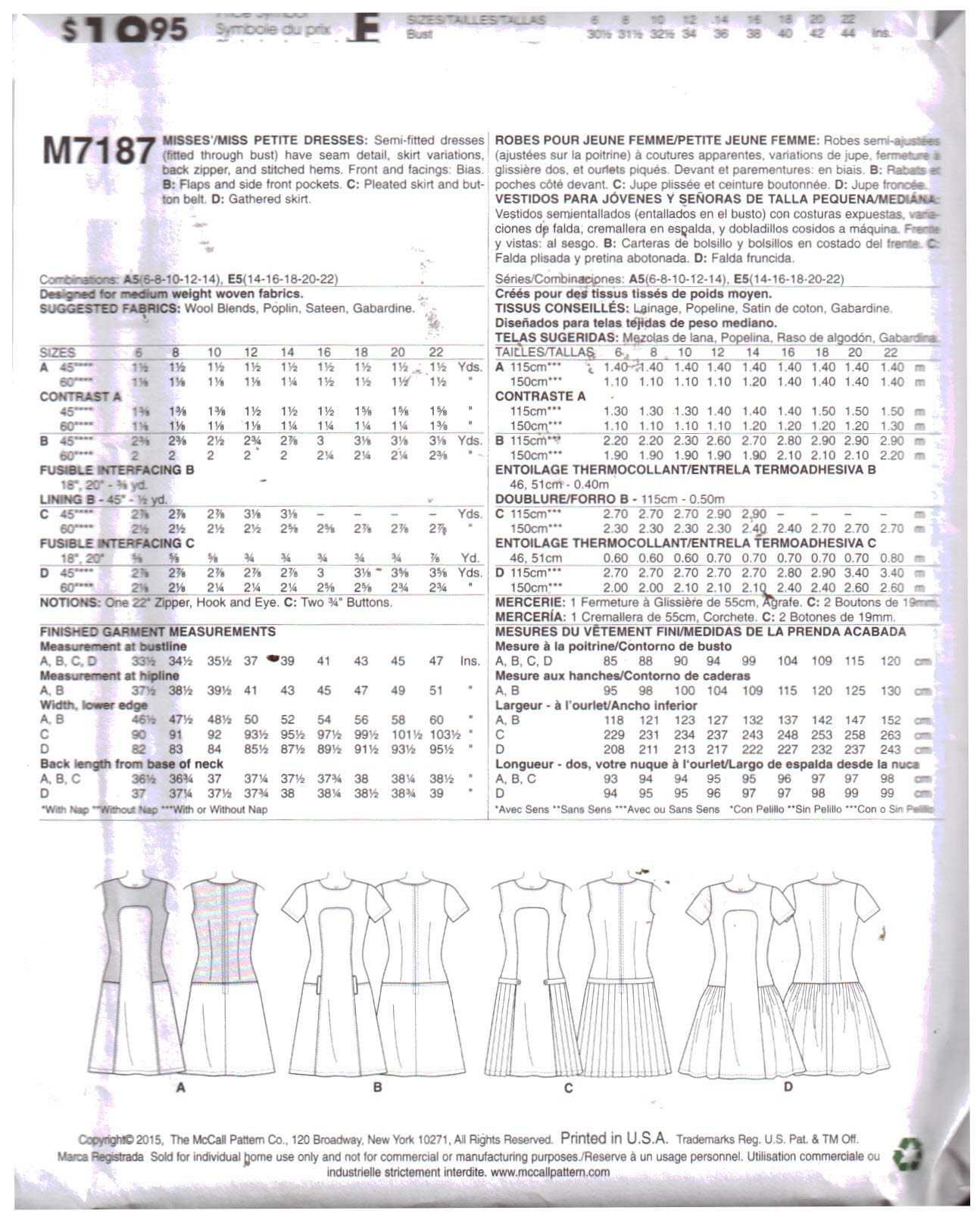 McCall's M7187 Dress Size: A5 6-14 Uncut Sewing Pattern