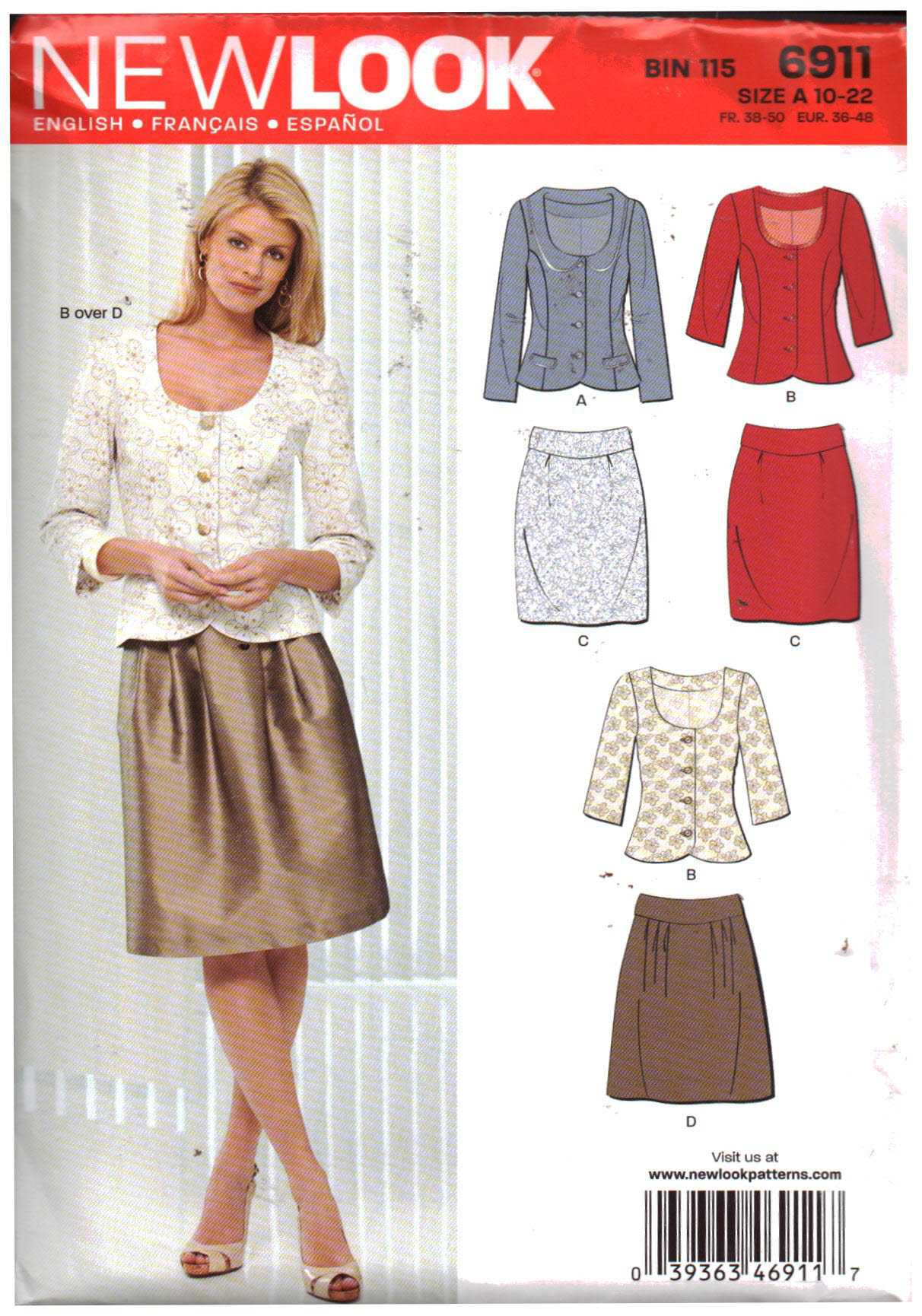 New Look 6911 Skirt, Jacket size: A 10-22 Uncut Sewing Pattern