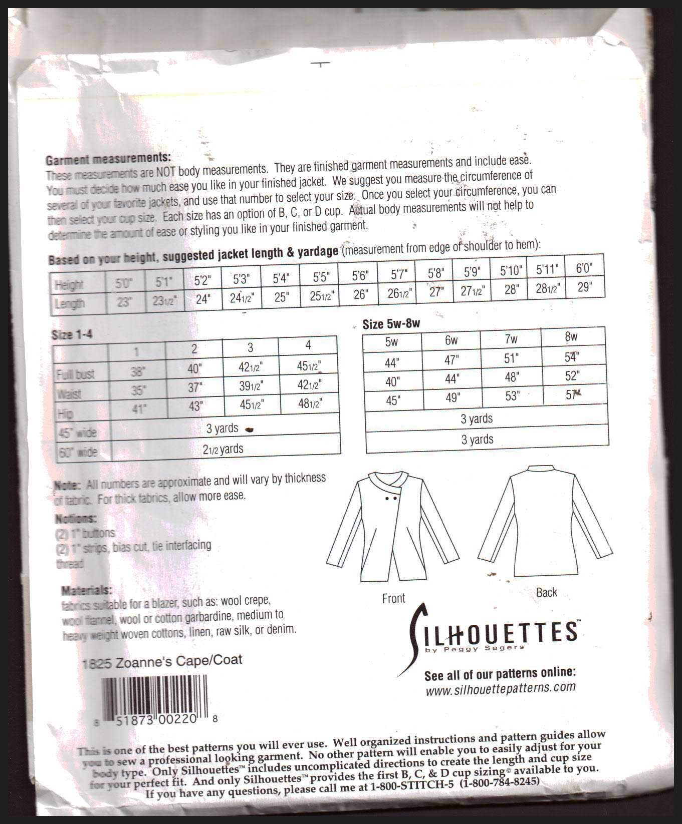 Silhouettes 1825 Zoanne's Coat Size: 1-4 & 5W-8W Uncut Sewing Pattern