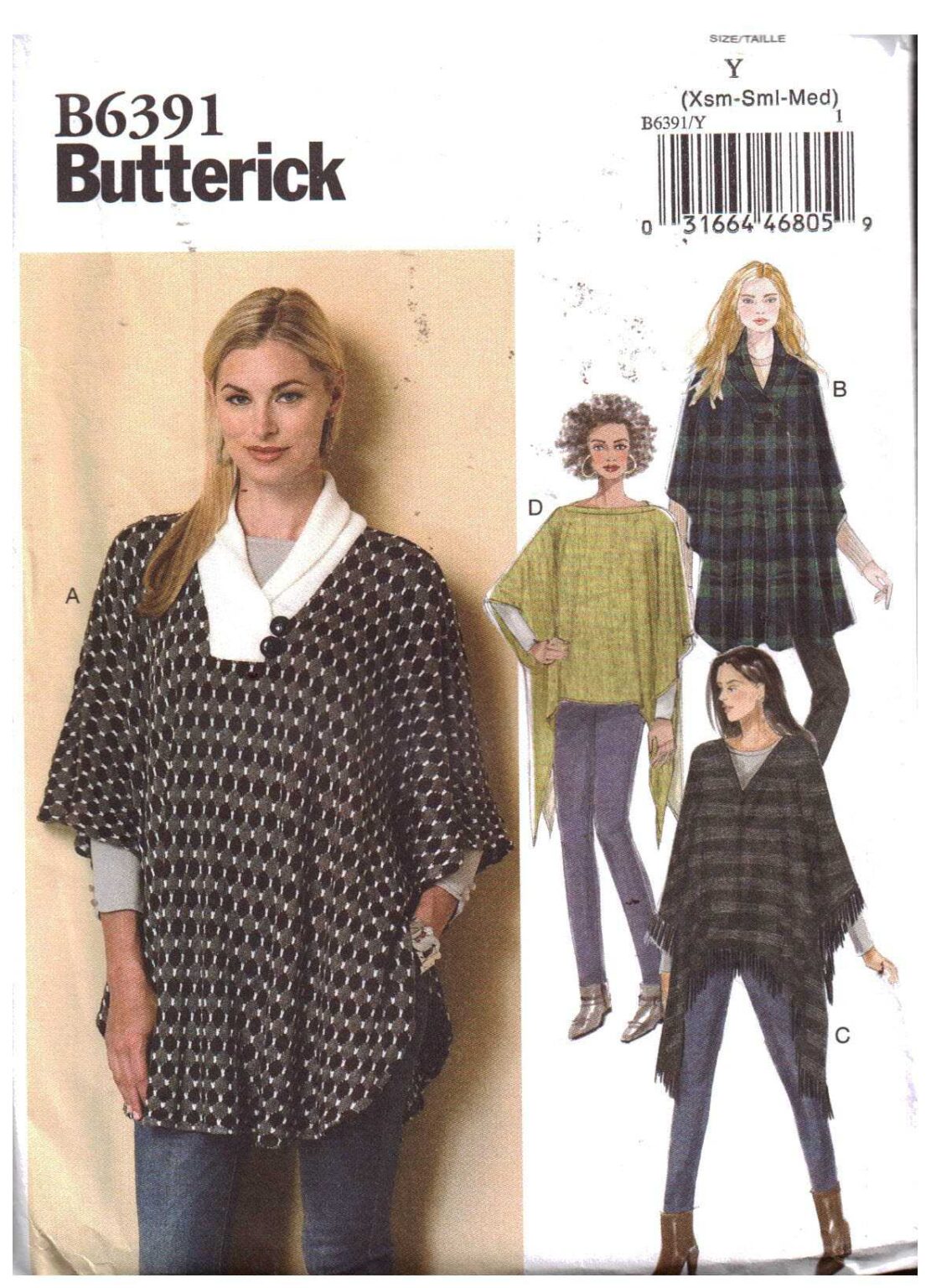Butterick B6391 Poncho Size: Y XS-S-M Uncut Sewing Pattern