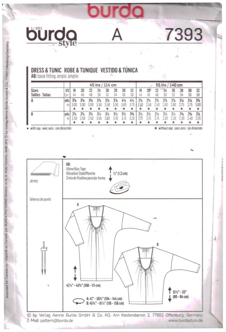 Burda 7393 Dress, Tunic Size: 18-32 Used Sewing Pattern